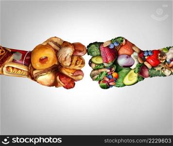 Diet fight and food battle nutrition concept as fresh healthy nutritious foods fighting unhealthy high fat snacks shaped as fists punching each other with 3D illustration elements.