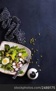 Diet food, helthy breakfast, salad with avocado and eggs. fresh salad, salad with avocado and boiled eggs