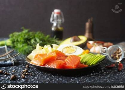 diet food on plate, portion of fresh salmon and avocado
