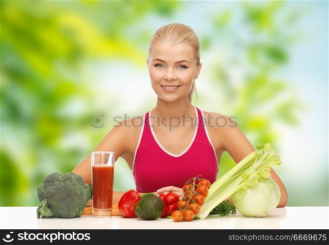 diet, healthy eating and people concept - woman with vegetable food and drink over green natural background. woman with vegetable food and drink. woman with vegetable food and drink