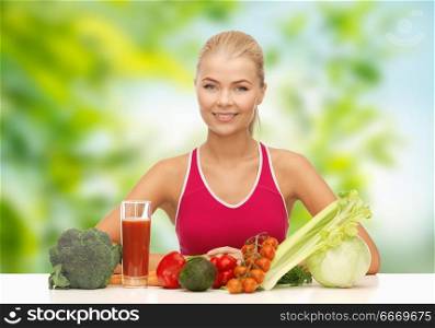 diet, healthy eating and people concept - woman with vegetable food and drink over green natural background. woman with vegetable food and drink. woman with vegetable food and drink
