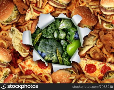 Diet lifestyle change concept and breaking out and escape from unhealthy habits of eating fatty junk food towards green vegetables and fruit as a ripped and burst hole in the paper revealing healthy nutritious garden fresh produce.