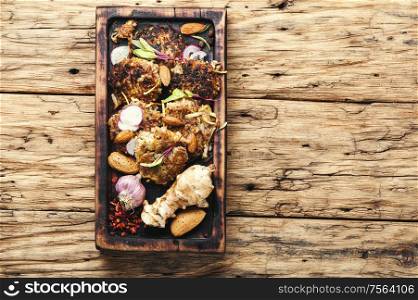 Diet menu,Jerusalem artichoke vegetable cutlets.Vegetable cutlets on wooden table. Jerusalem artichoke cutlets