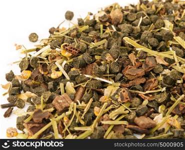 Diet muesli with herbs background for horse.