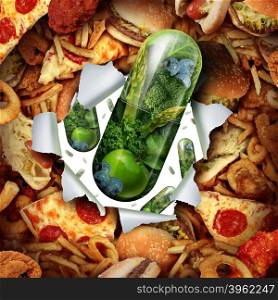 Diet Pill Concept as a natural green viatmin supplement made of fresh fruit and vegetables bursting out of an image of greasy fried food as a symbol for dieting medication and healthy living with 3D illustration elements.