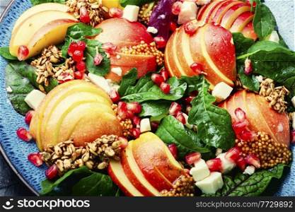 Diet salad of apples, cheese, herbs and oatmeal. Autumn salad on the plate. Homemade salad with apple,herbs and oatmeal