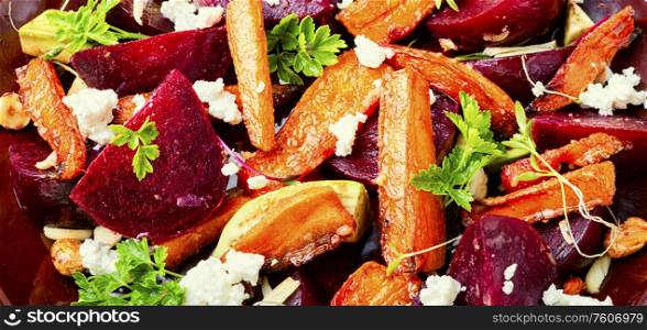 Diet salad with caramelized carrots, avocado and beets.Fresh salad. Healthy vegetable salad