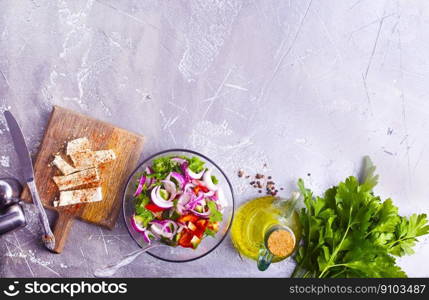 diet salad with vegetable and cheese, greek salad. greek salad in bowl, salad with vegetables and cheese on board