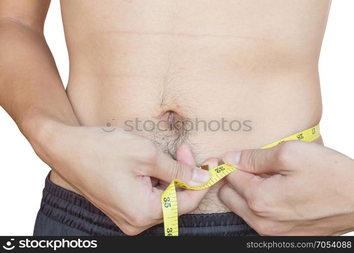 diet, sport and heath concept - beautiful sporty man with measuring tape