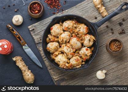 Diet steamed meatballs with minced chicken and Jerusalem artichoke.Homemade cutlets. Steam diet cutlets.