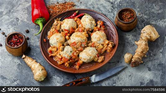Diet steamed meatballs with minced chicken and Jerusalem artichoke. Steam diet cutlets.