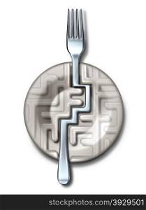 Diet success solutions and food guide as a plate in the shape of a maze or labyrinth with a silver fork bending to find the answer to the puzzle as a metaphor for eating questions and fitness dieting challenges on a white background.