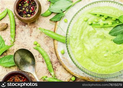 Diet summer delicious soup with green peas.. Traditional soup with peas