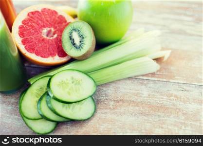 diet, vegetable food, healthy eating and objects concept - close up of ripe fruits and vegetables on table