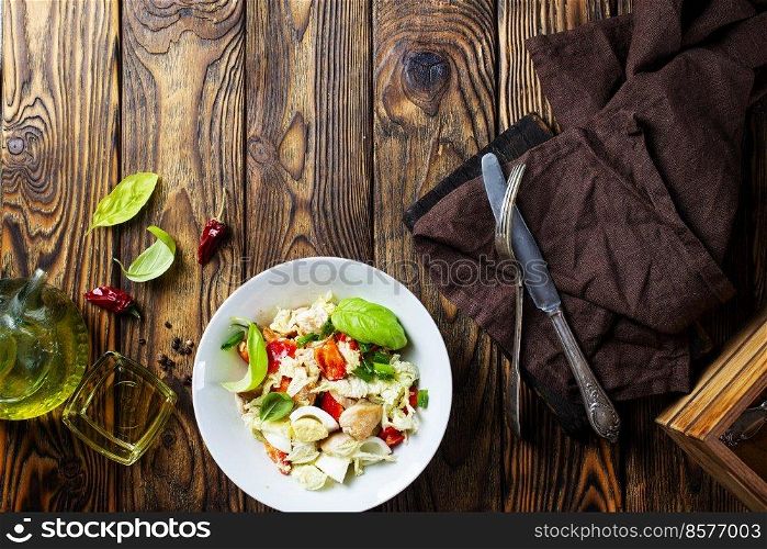 dietary salad with chicken,basil, cucumber, Chinese cabbage. Top view