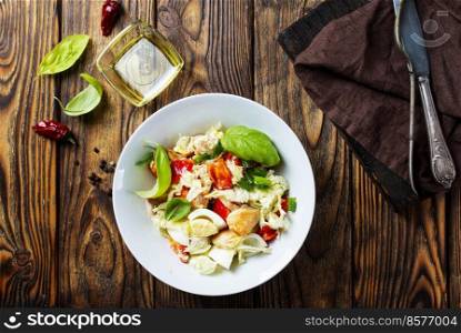 dietary salad with chicken,basil, cucumber, Chinese cabbage. Top view