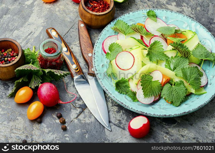 Dietary salad with cucumber, radish, tomato and nettle leaves.Healthy nutrition.Spring salad.Vegetarian food.. Fresh green salad with nettle