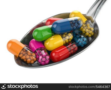 Dietary supplements. Variety pills. Vitamin capsules on the spoon. 3d