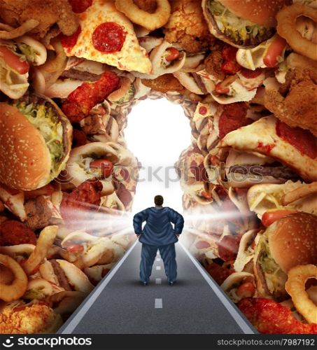 Dieting solutions and overweight diet advice concept as an obese man walking on a road to a heap of greasy junk food shaped as a key hole as a metaphor for answers to unhealthy food risk and the challenges of eating disorders resulting in obesity.