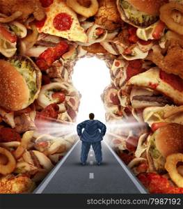 Dieting solutions and overweight diet advice concept as an obese man walking on a road to a heap of greasy junk food shaped as a key hole as a metaphor for answers to unhealthy food risk and the challenges of eating disorders resulting in obesity.