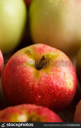 Different apples on wooden table in garden