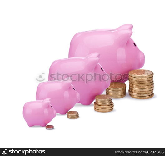 Different banks - different money.Conceptual image with piggy banks and coins isolated on white