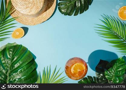 Different beach accessories, palm leaves, oranges and glass of aperol cocktail on blue background, top view, flat lay. Space for text. Summer beach background