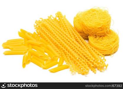 Different beautiful spaghetti on a white background