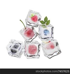 Different berries in ice cubes on white background
