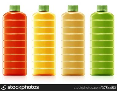 different bottles of juice, juice in a plastic container jug on a white background. (with clipping work path)