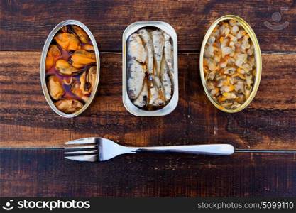 Different cans of canned. Healthy meal