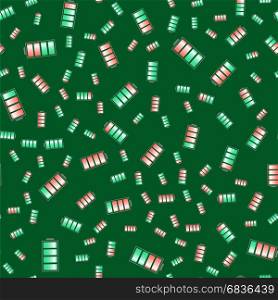 Different Charge of Battery Seamless Pattern Isolated on Green Background. Different Charge of Battery Seamless Pattern