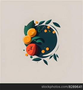 Different citruses and fruits minimalistic square emblem illustration on neutral color background. AI Generative content