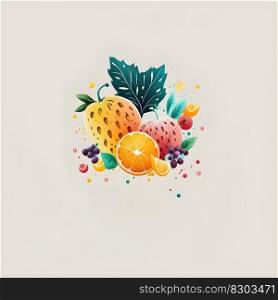 Different citruses and fruits minimalistic square emblem illustration on neutral color background. AI Generative content