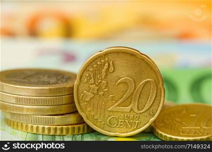 Different coins of Euro money close up