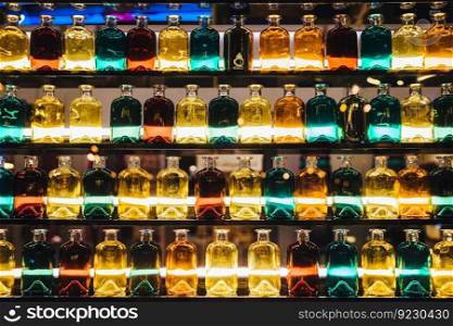 Different colored glass bottles standing on shelves with illumination. . Colorful bottles on shelves