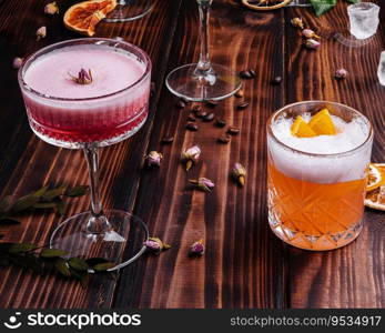 different colorful exotic alcoholic cocktails on wood