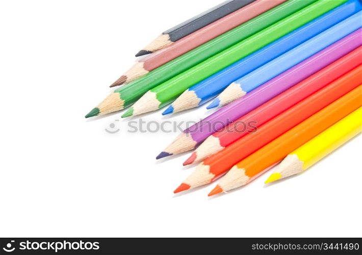 different colorful pencils close-up on white
