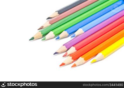 different colorful pencils close-up on white