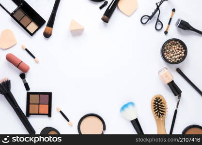 different cosmetics with tools table