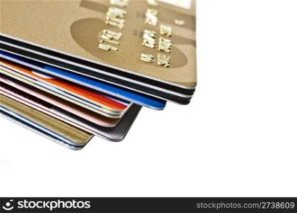 Different credit Cards closeup on white background