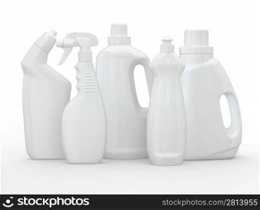 Different detergent bottles on white background. 3d