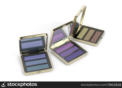 Different eye shadows in gold boxes on white background