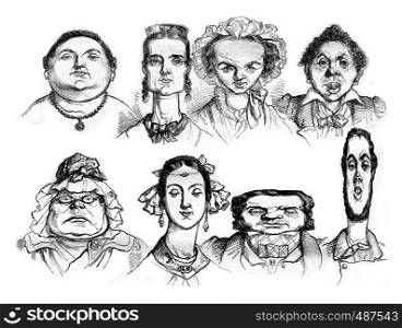 Different facial shapes, Types of caricatures, vintage engraved illustration. Magasin Pittoresque 1836.