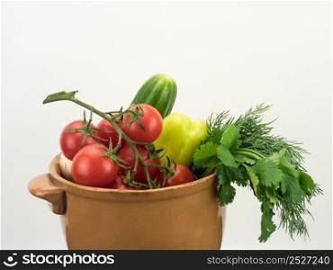 different fresh vegetables in ceramic bowl on white background. vegetables in a ceramic bowl
