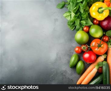 Different fresh vegetables on grey table, top view. Space for text