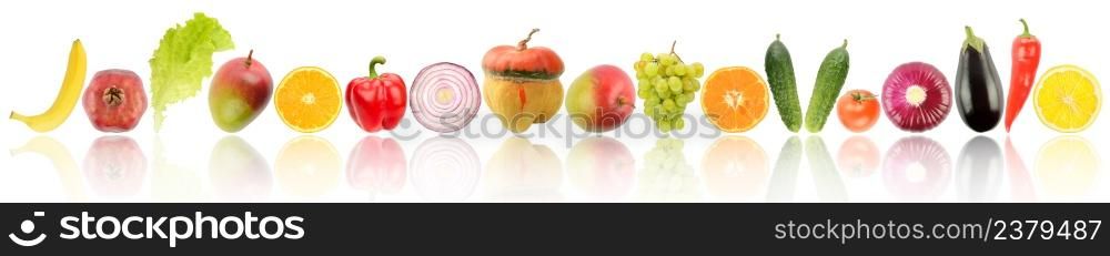 Different fruits and vegetables with reflection isolated on white background