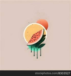 Different fruits and watermelon slice minimalistic square emblem illustration on neutral color background. AI Generative content