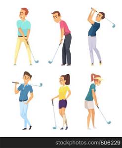 Different golf players isolate on white background. Vector golfer man and woman illustration. Different golf players isolate on white background