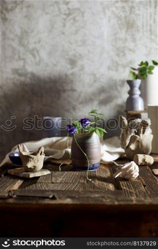 Different handmade ceramic on background. 